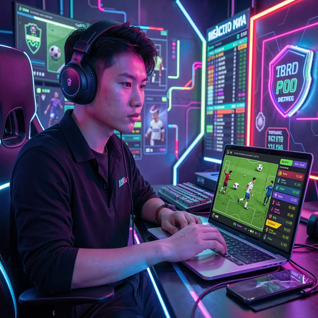 Focused Vietnamese player using a laptop with live soccer betting markets on 99WIM surrounded by futuristic neon visuals