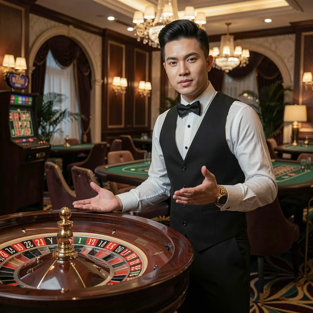 Confident live casino dealer presenting a roulette table in a modern studio environment highlighting the immersive live gaming atmosphere of 99WIM for players in Vietnam